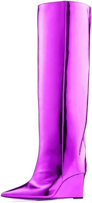 Arqa Liquid Metallic Knee High Boots Pointed Toe Shiny Chrome Wedge Heel Boot Pull-on Tall Boots