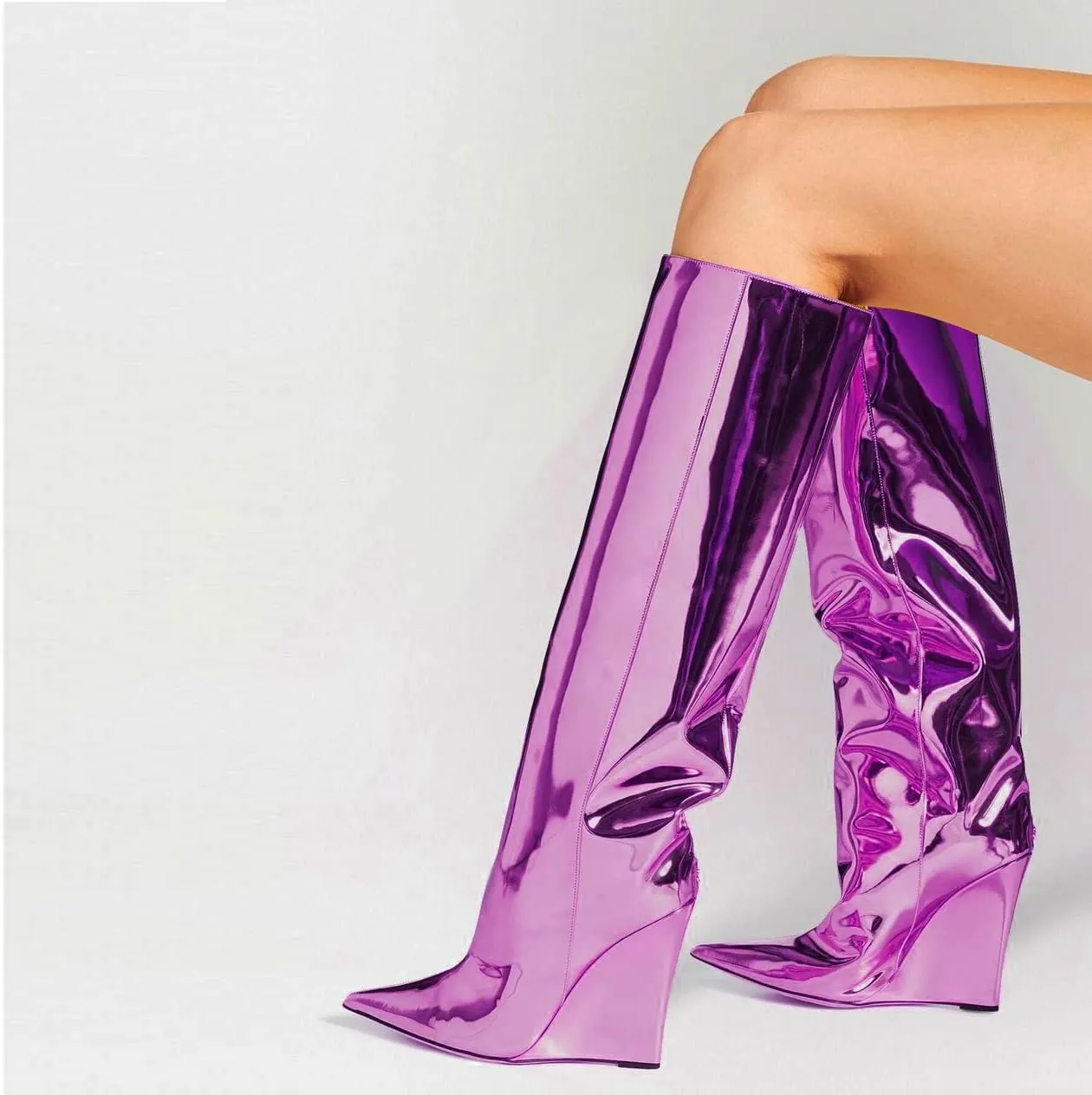 Arqa Liquid Metallic Knee High Boots Pointed Toe Shiny Chrome Wedge Heel Boot Pull-on Tall Boots