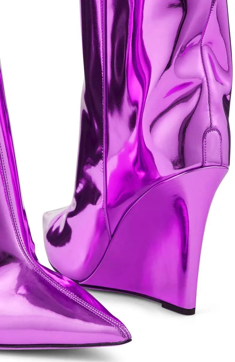Arqa Liquid Metallic Knee High Boots Pointed Toe Shiny Chrome Wedge Heel Boot Pull-on Tall Boots