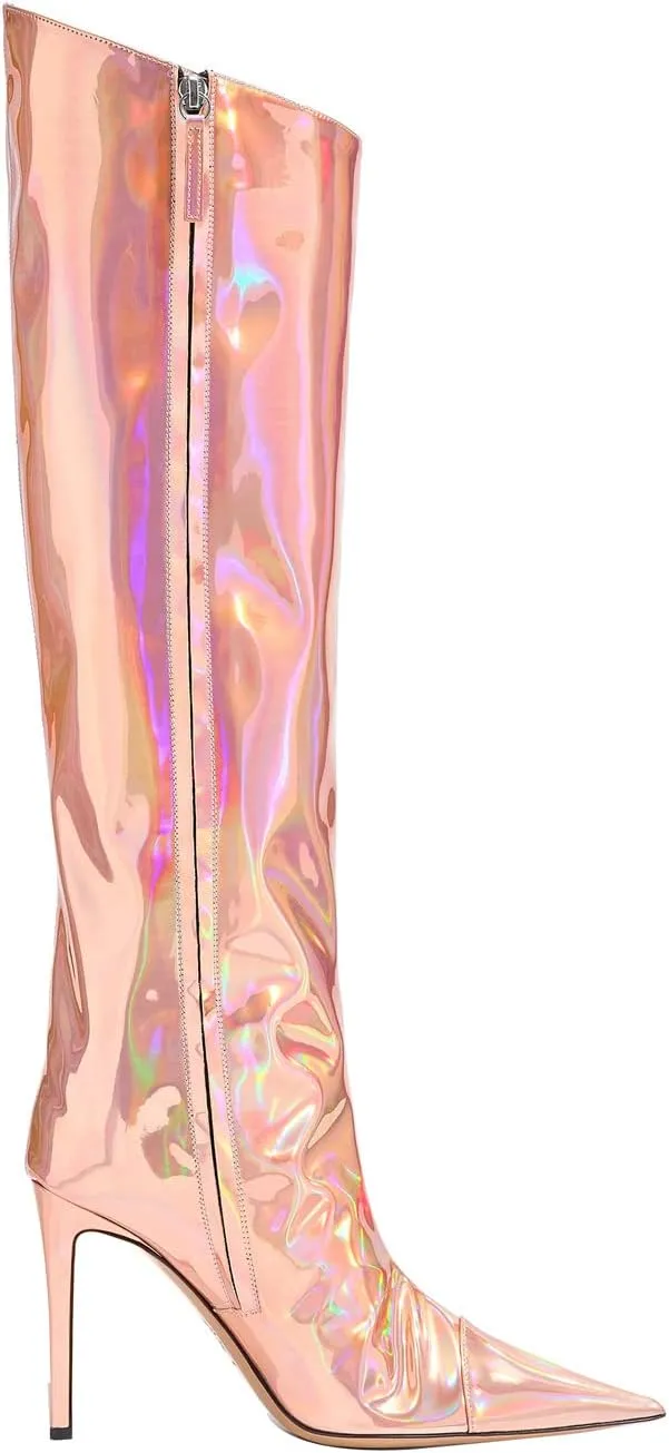 Arqa Metallic Boots for Women Pointed Toe High Stiletto Heel Knee High Boot Fashion Chrome Zipper Boot Dressy Party Shoes