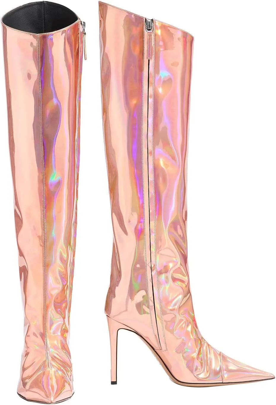 Arqa Metallic Boots for Women Pointed Toe High Stiletto Heel Knee High Boot Fashion Chrome Zipper Boot Dressy Party Shoes