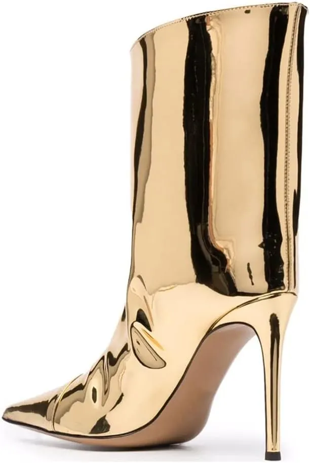 Arqa Women's Metallic Leather Boots, Pointed Toe Stiletto Heel Ankle Boot Wide Calf Fall Fashion Booties