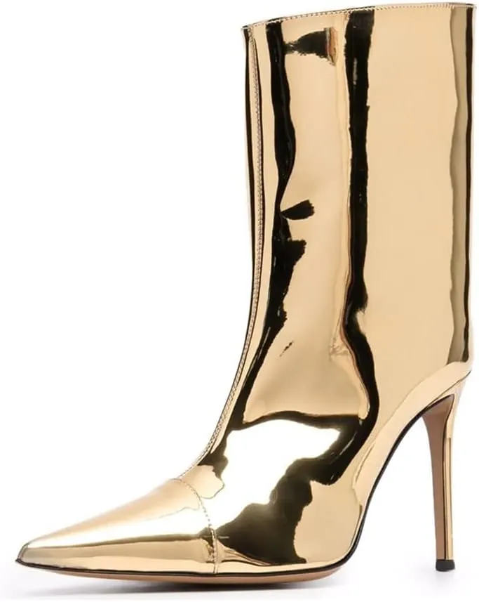 Arqa Women's Metallic Leather Boots, Pointed Toe Stiletto Heel Ankle Boot Wide Calf Fall Fashion Booties