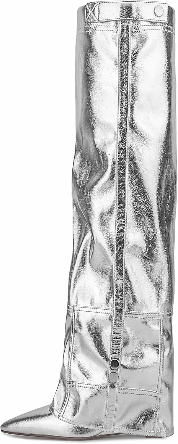 Atuelang Women's Metallic Silver Boots Knee High Fold Over Wedge Heels Pointed Toe Pull-On Tall Boots