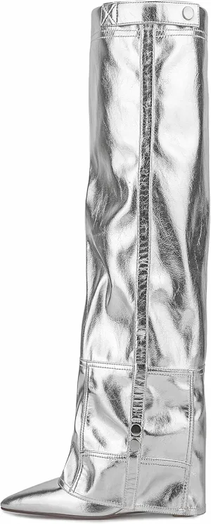 Atuelang Women's Metallic Silver Boots Knee High Fold Over Wedge Heels Pointed Toe Pull-On Tall Boots