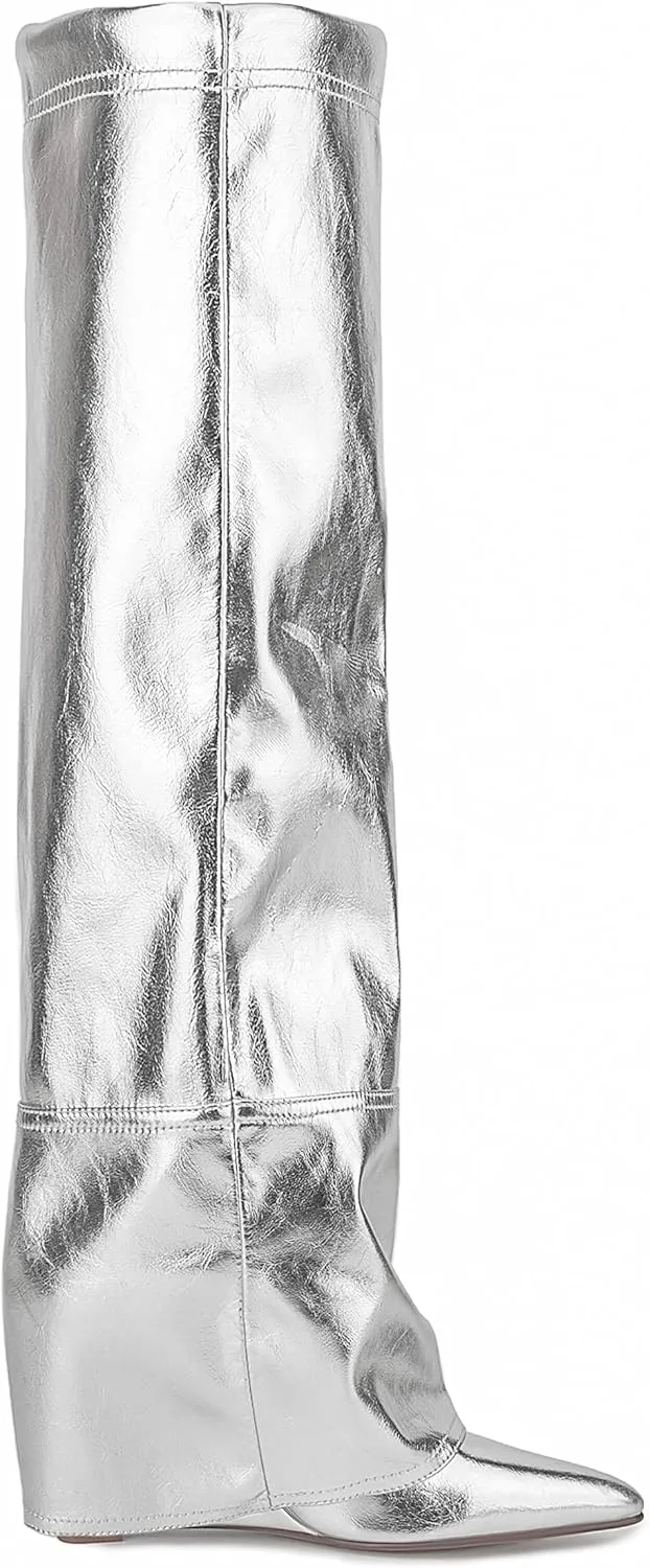 Atuelang Women's Metallic Silver Boots Knee High Fold Over Wedge Heels Pointed Toe Pull-On Tall Boots
