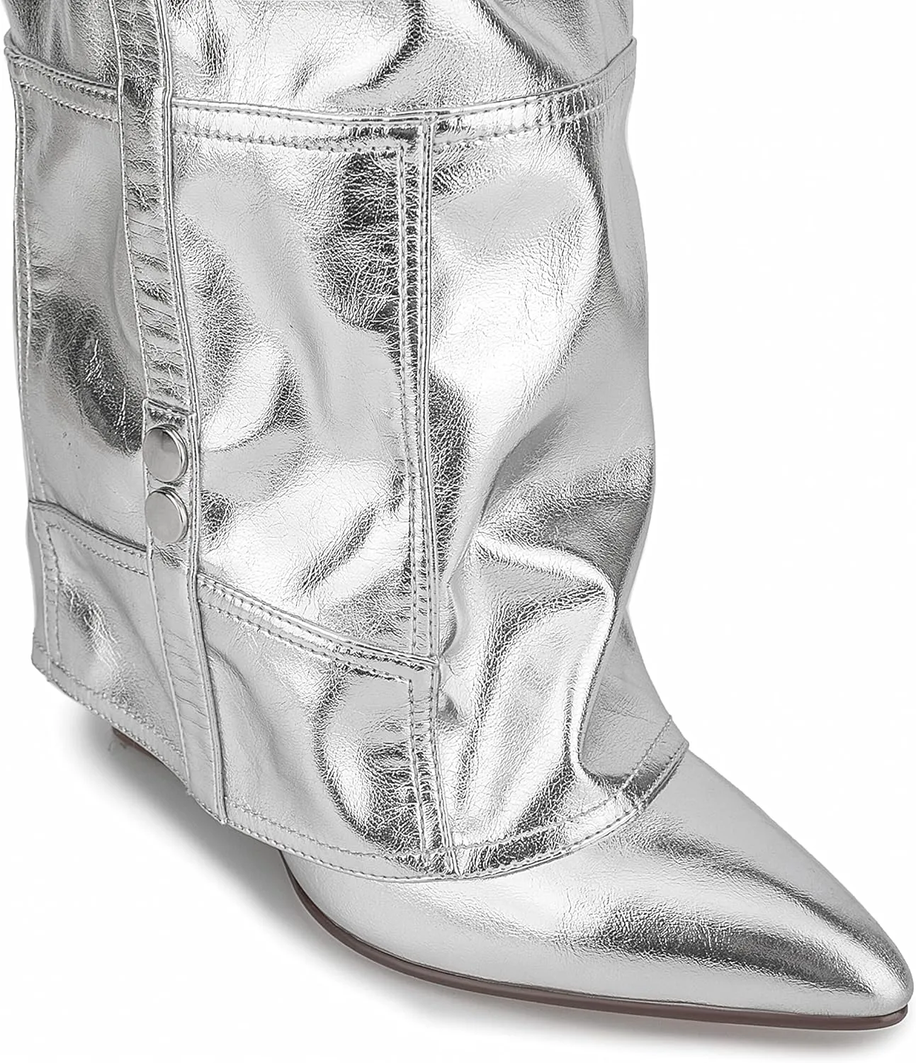 Atuelang Women's Metallic Silver Boots Knee High Fold Over Wedge Heels Pointed Toe Pull-On Tall Boots