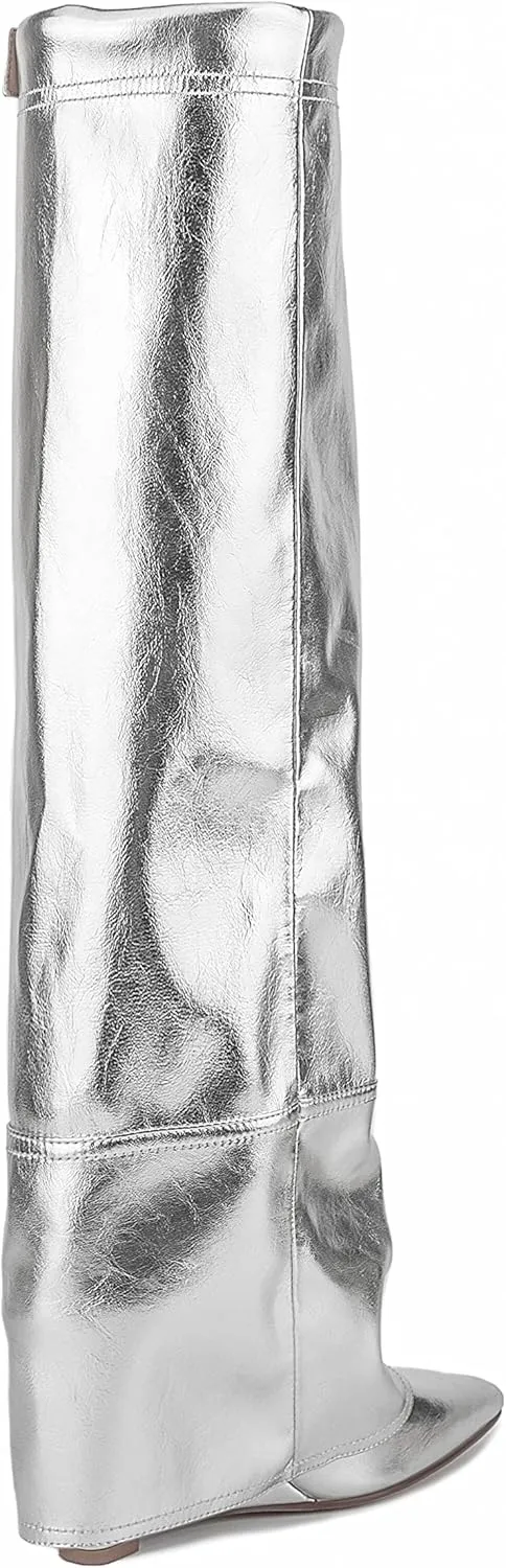 Atuelang Women's Metallic Silver Boots Knee High Fold Over Wedge Heels Pointed Toe Pull-On Tall Boots