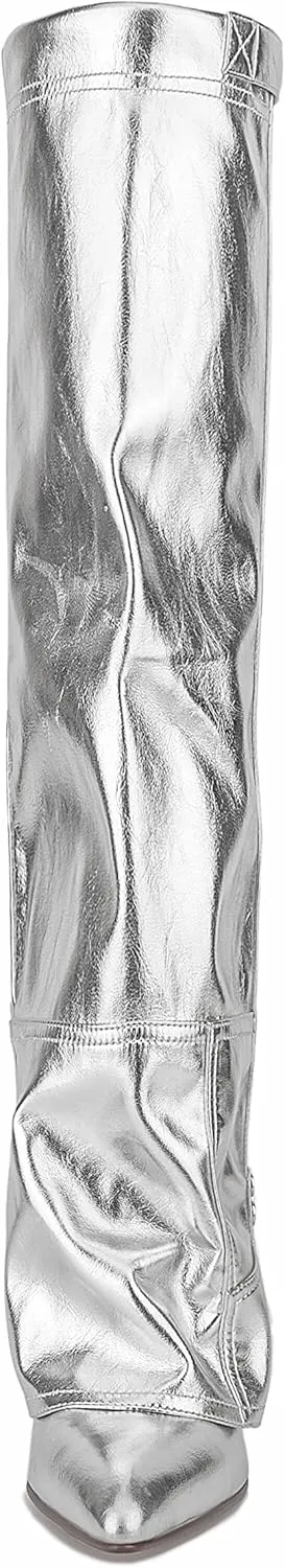 Atuelang Women's Metallic Silver Boots Knee High Fold Over Wedge Heels Pointed Toe Pull-On Tall Boots