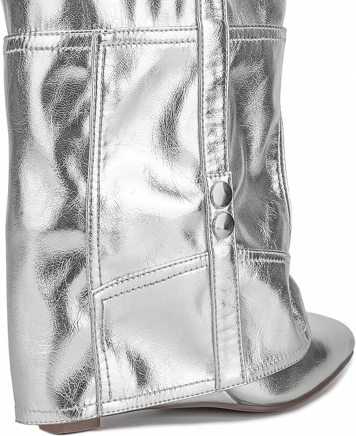 Atuelang Women's Metallic Silver Boots Knee High Fold Over Wedge Heels Pointed Toe Pull-On Tall Boots
