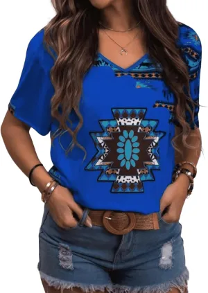 Aztec Print Tops for Women Western Tribal Ethnic Style Short Sleeved Shirt V-Neck Casual Loose Fitting T-Shirt