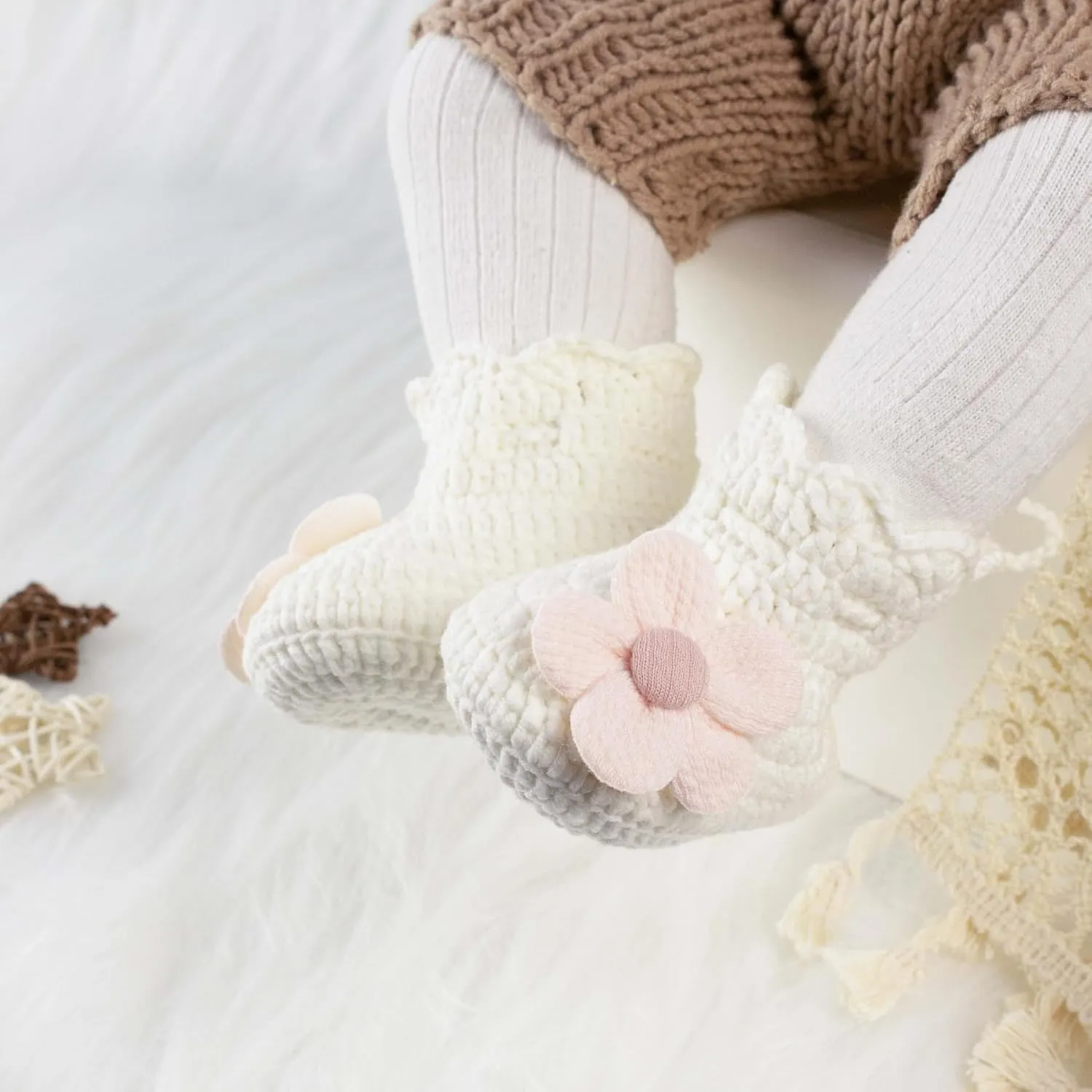 Baby Booties Newborn Walking Shoes Infant Hand Crochet Knit Cotton Sock Booties Soft Cozy Socks Slippers Indoor House Shoes for Baby Girl
