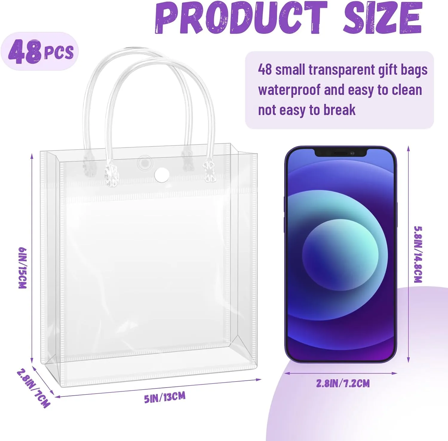 BadenBach 48PCS Small Clear Gift Bags with Handle,5.1" x 5.9" x 2.8",Mini Plastic Gift Bags Reusable Clear Goodie Bags Transparent Gift Wrap Bags for Party Favor Wedding Baby Shower Mother's Day