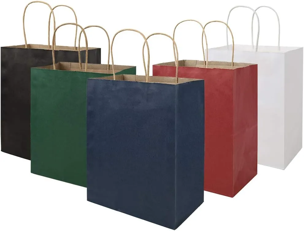 bagmad 100 Pack Multicolour Medium Gift Bags with Handles Bulk, 8x4.75x10 Inch White/Black/Green/Blue/Red Each 20pcs Kraft Birthday Party Favors Grocery Retail Shopping Craft Paper Bags (Multi Colored)