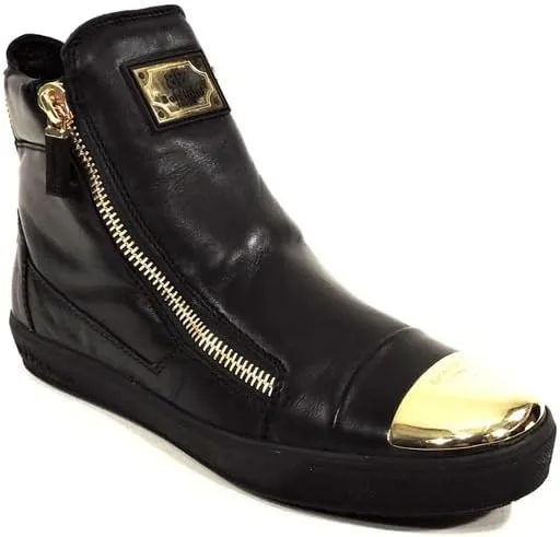 Baldinini Leather High-Top Sneakers, Black with Gold Metal Toe Cap, Two Side Zip Design