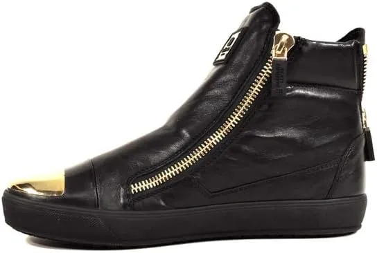 Baldinini Leather High-Top Sneakers, Black with Gold Metal Toe Cap, Two Side Zip Design