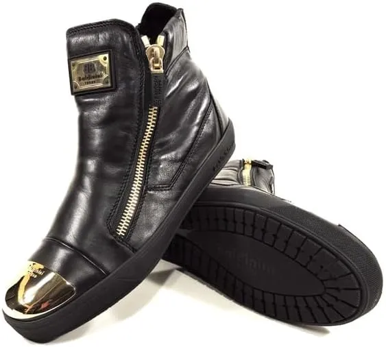 Baldinini Leather High-Top Sneakers, Black with Gold Metal Toe Cap, Two Side Zip Design