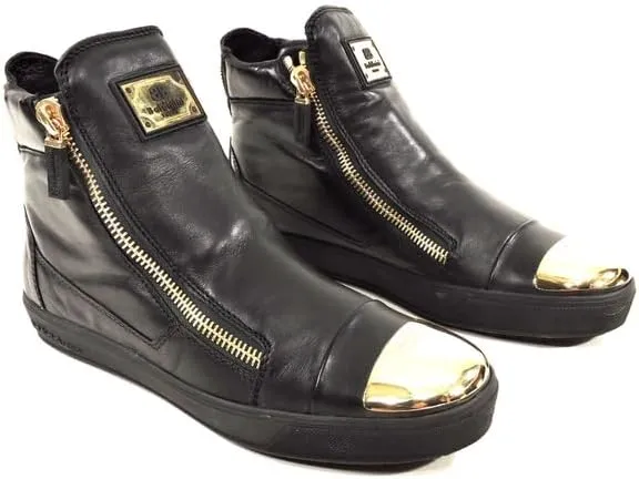 Baldinini Leather High-Top Sneakers, Black with Gold Metal Toe Cap, Two Side Zip Design