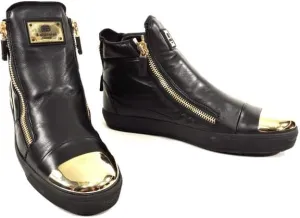 Baldinini Leather High-Top Sneakers, Black with Gold Metal Toe Cap, Two Side Zip Design