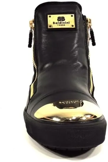 Baldinini Leather High-Top Sneakers, Black with Gold Metal Toe Cap, Two Side Zip Design