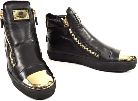 Baldinini Leather High-Top Sneakers, Black with Gold Metal Toe Cap, Two Side Zip Design