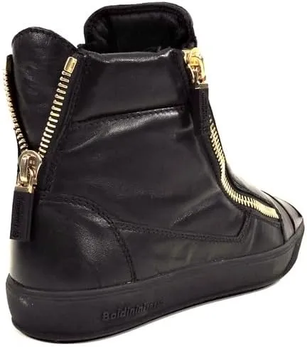 Baldinini Leather High-Top Sneakers, Black with Gold Metal Toe Cap, Two Side Zip Design