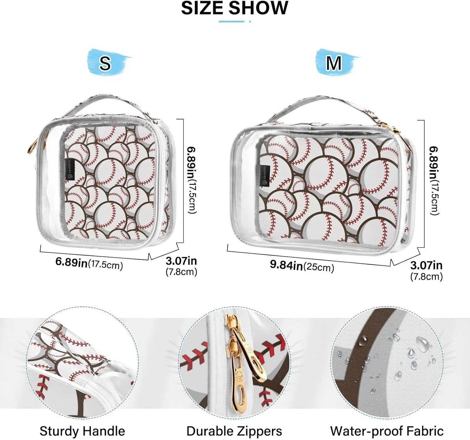 Baseball Soccer 2 Pieces Clear Makeup Cosmetic Toiletry Bags for Women Men PVC Waterproof Portable Travel Storage Carry Pouch with Gold Zippers Travel Organizer for Organizing Traveling Bathroom