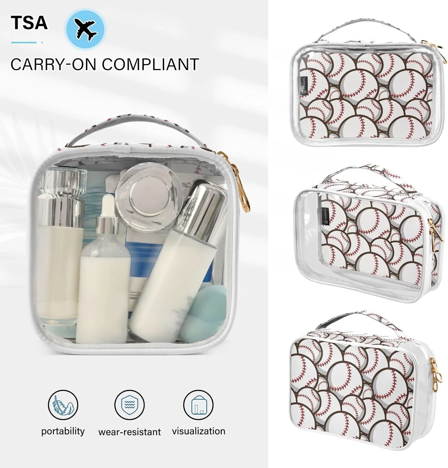 Baseball Soccer 2 Pieces Clear Makeup Cosmetic Toiletry Bags for Women Men PVC Waterproof Portable Travel Storage Carry Pouch with Gold Zippers Travel Organizer for Organizing Traveling Bathroom