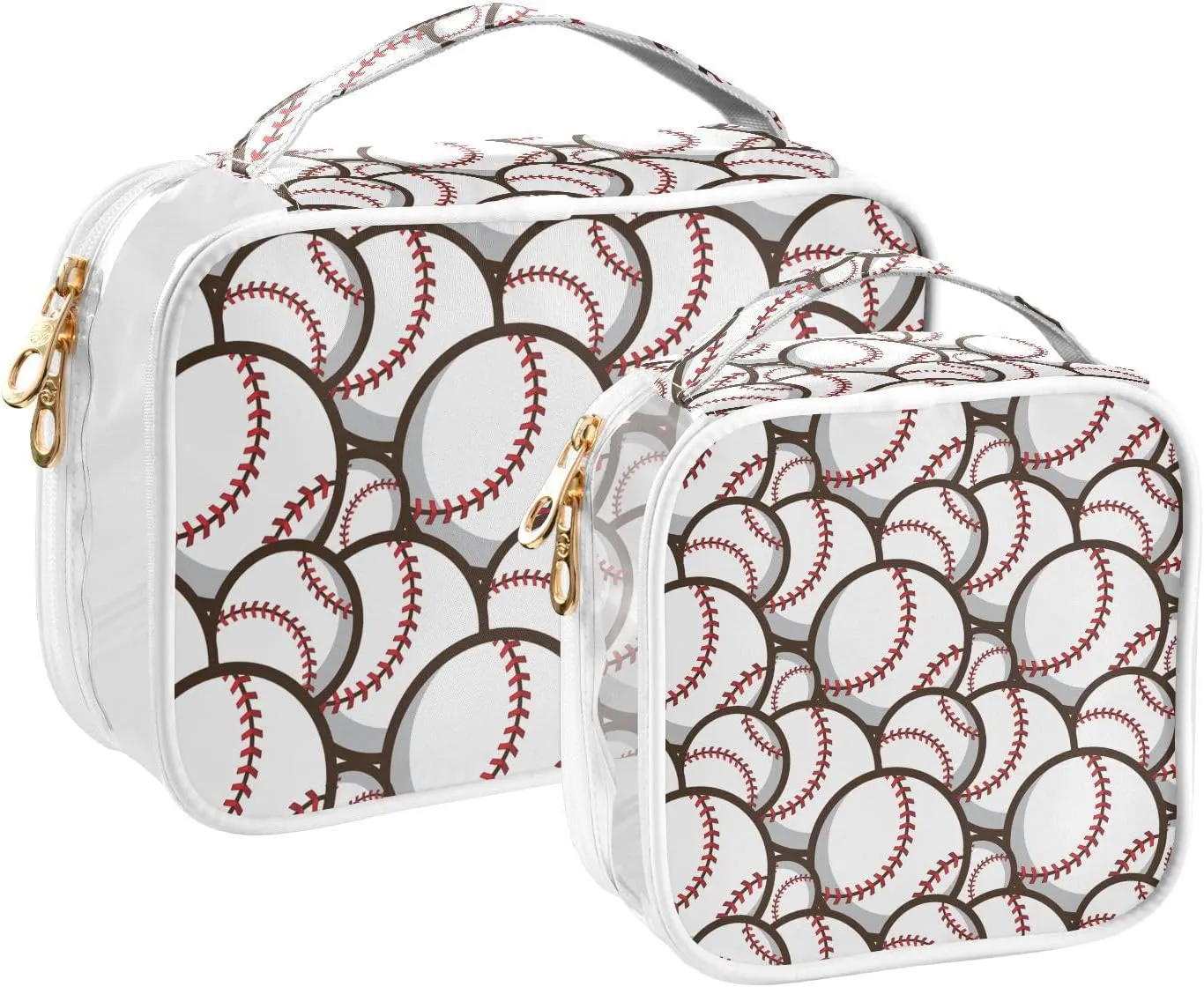 Baseball Soccer 2 Pieces Clear Makeup Cosmetic Toiletry Bags for Women Men PVC Waterproof Portable Travel Storage Carry Pouch with Gold Zippers Travel Organizer for Organizing Traveling Bathroom