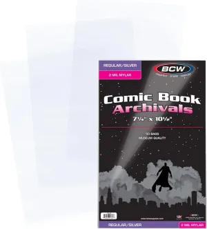 BCW Archival Storage Bags for Silver Age/Regular Comic Books - 50 Pack | 7 1/4" x 10 1/2" | 2 Mil Mylar Comic Book Sleeves | Clear Polyester
