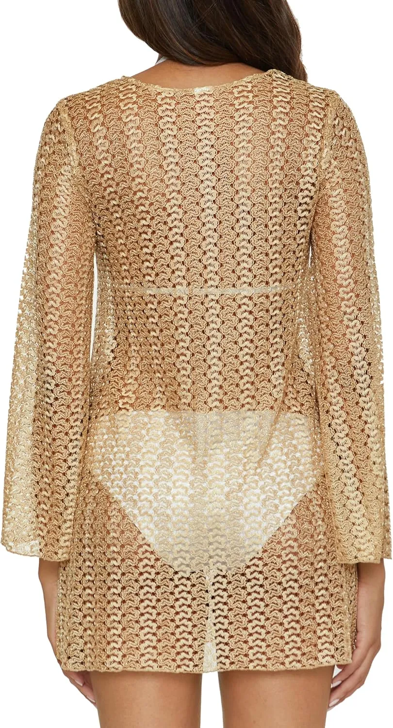 BECCA Golden Crochet Tunic, Casual, Pull On, Sheer, Beach Cover Ups for Women