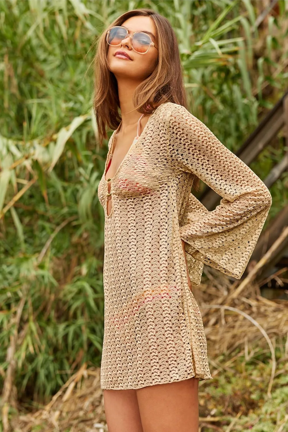 BECCA Golden Crochet Tunic, Casual, Pull On, Sheer, Beach Cover Ups for Women