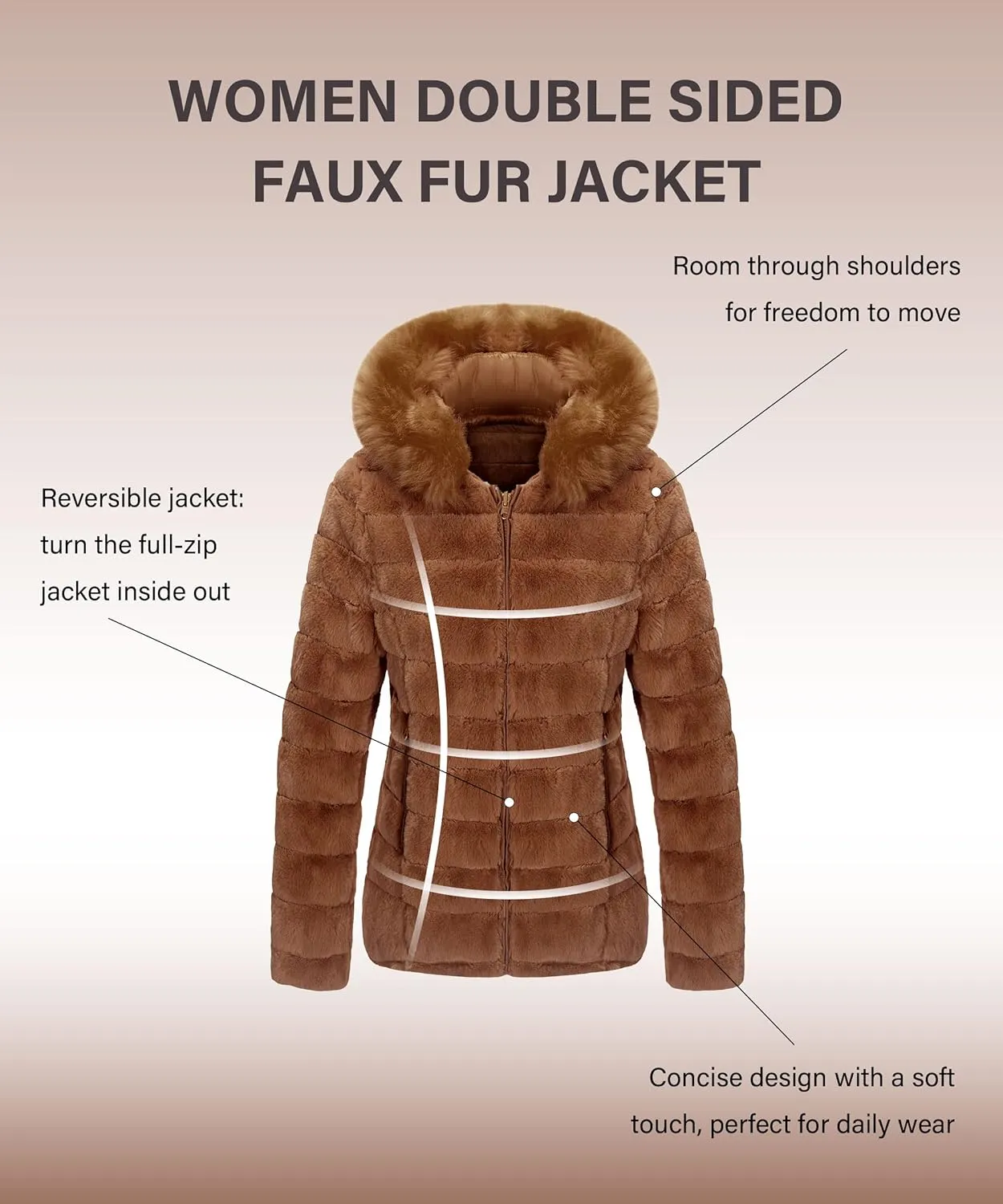 Bellivera Women Double Sided Faux Fur Jacket Spring and Winter Fashion Reversible Hood Puffer Coat with Fur Collar