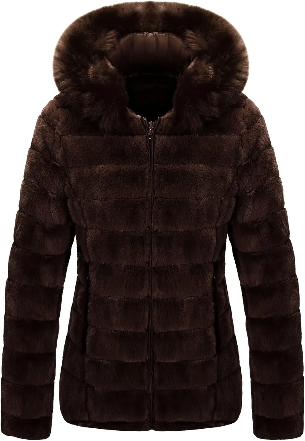 Bellivera Women Double Sided Faux Fur Jacket Spring and Winter Fashion Reversible Hood Puffer Coat with Fur Collar