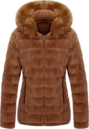 Bellivera Women Double Sided Faux Fur Jacket Spring and Winter Fashion Reversible Hood Puffer Coat with Fur Collar