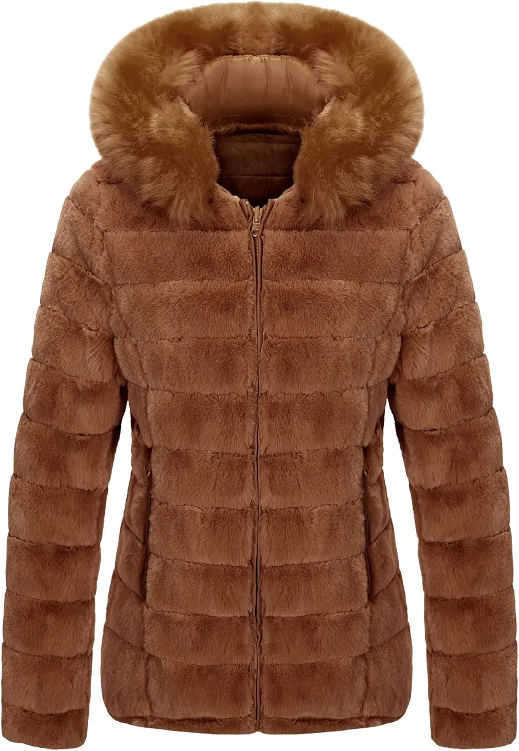 Bellivera Women Double Sided Faux Fur Jacket Spring and Winter Fashion Reversible Hood Puffer Coat with Fur Collar