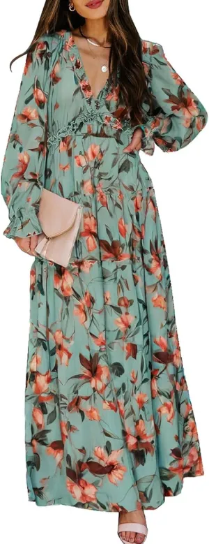 BLENCOT Womens Casual Boho Deep V Neck Short Sleeve Long Dress