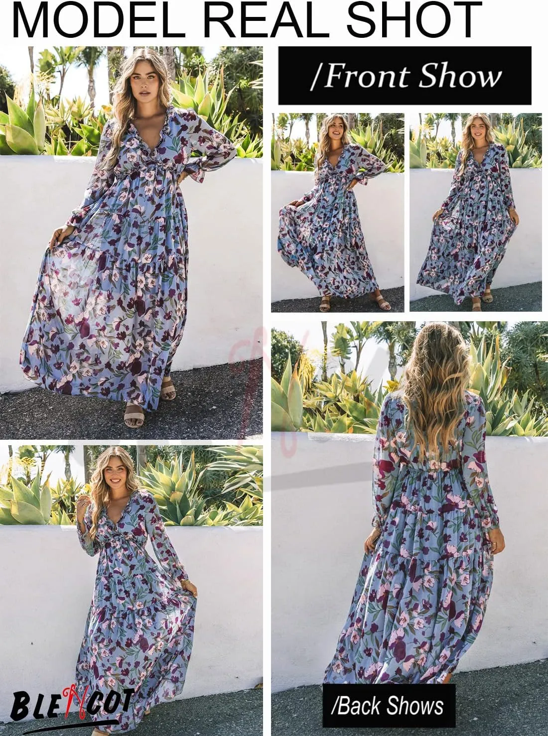 BLENCOT Womens Casual Boho Deep V Neck Short Sleeve Long Dress
