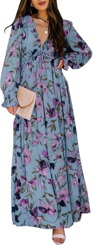 BLENCOT Womens Casual Boho Deep V Neck Short Sleeve Long Dress