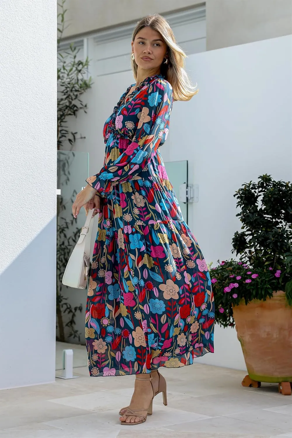 BLENCOT Womens Casual Boho Deep V Neck Short Sleeve Long Dress