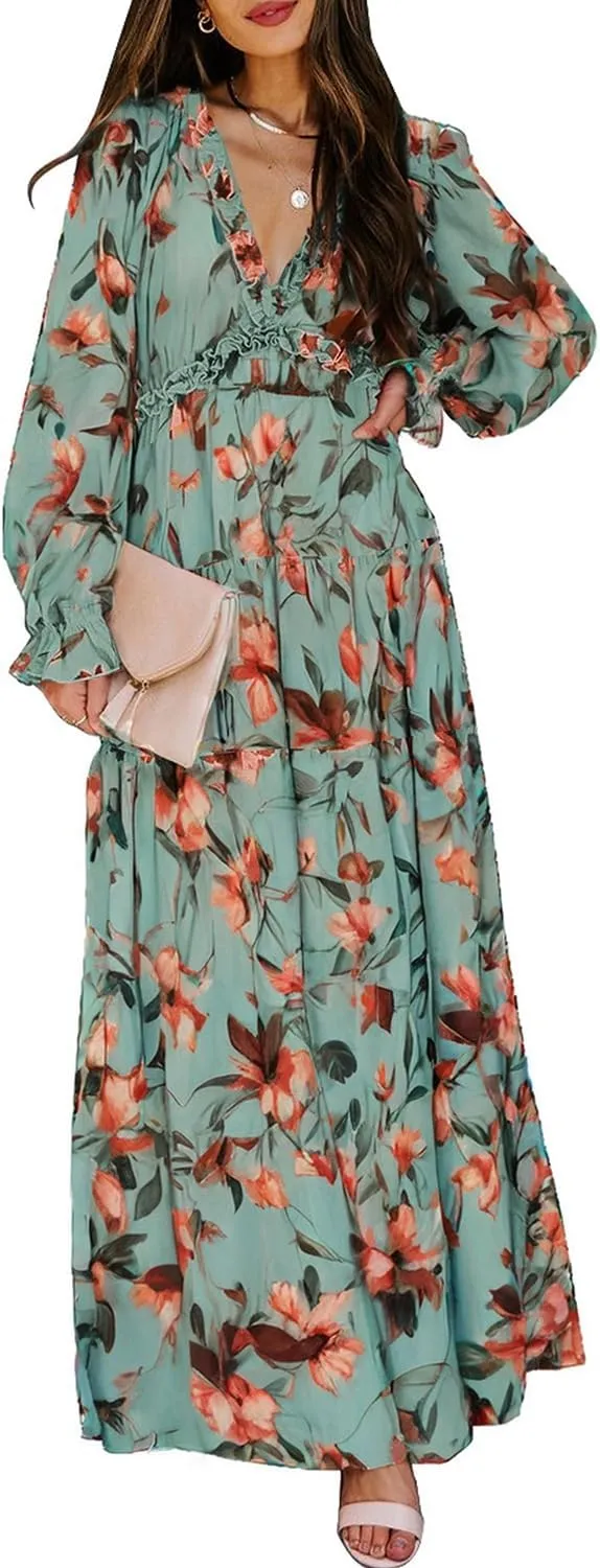 BLENCOT Womens Casual Boho Deep V Neck Short Sleeve Long Dress