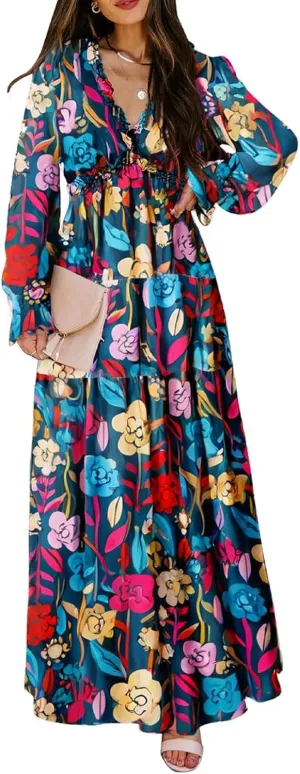 BLENCOT Womens Casual Boho Deep V Neck Short Sleeve Long Dress