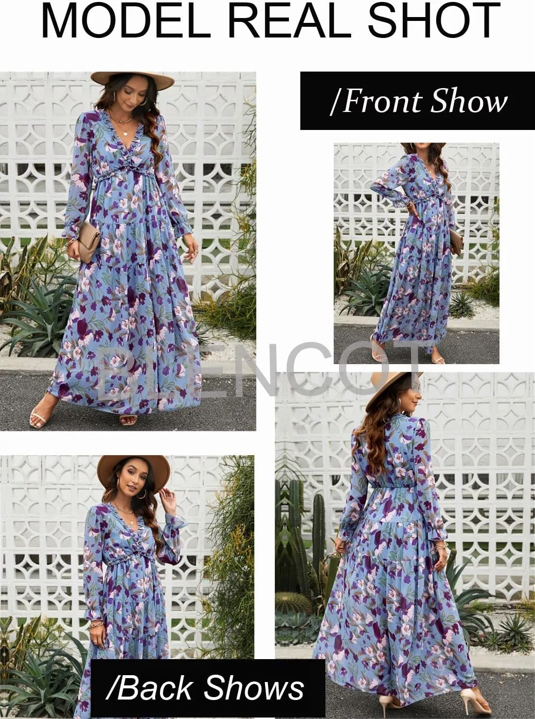 BLENCOT Womens Casual Boho Deep V Neck Short Sleeve Long Dress