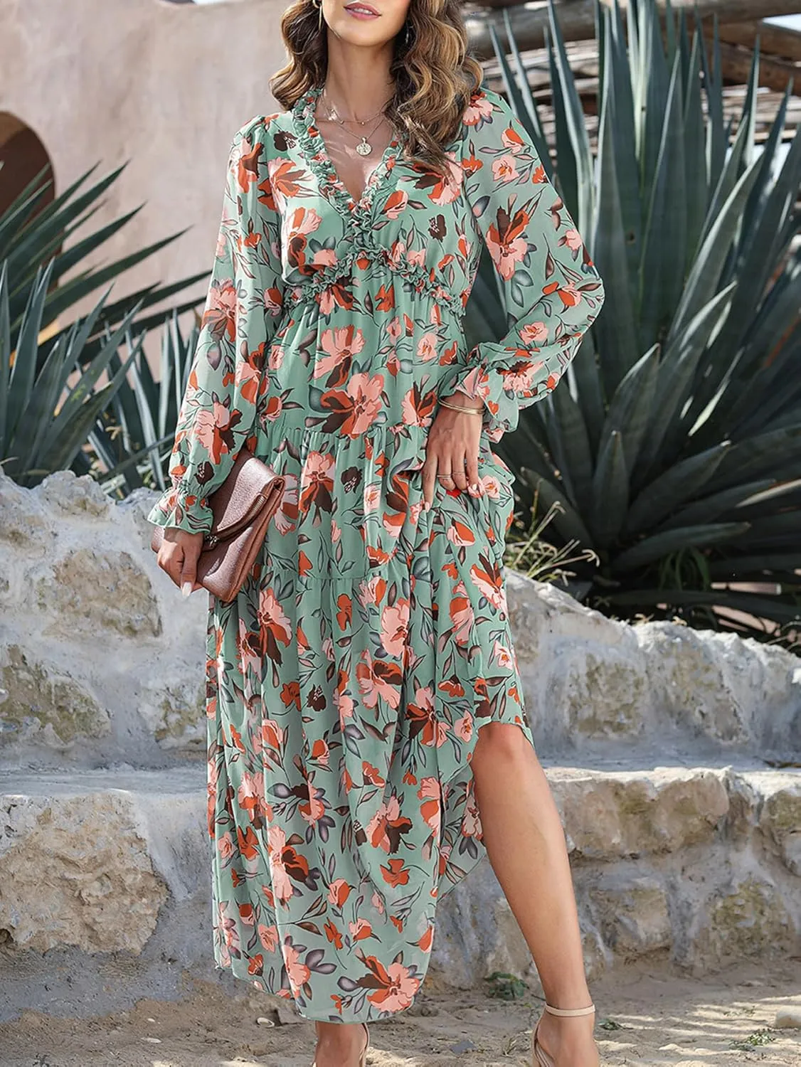 BLENCOT Womens Casual Boho Deep V Neck Short Sleeve Long Dress