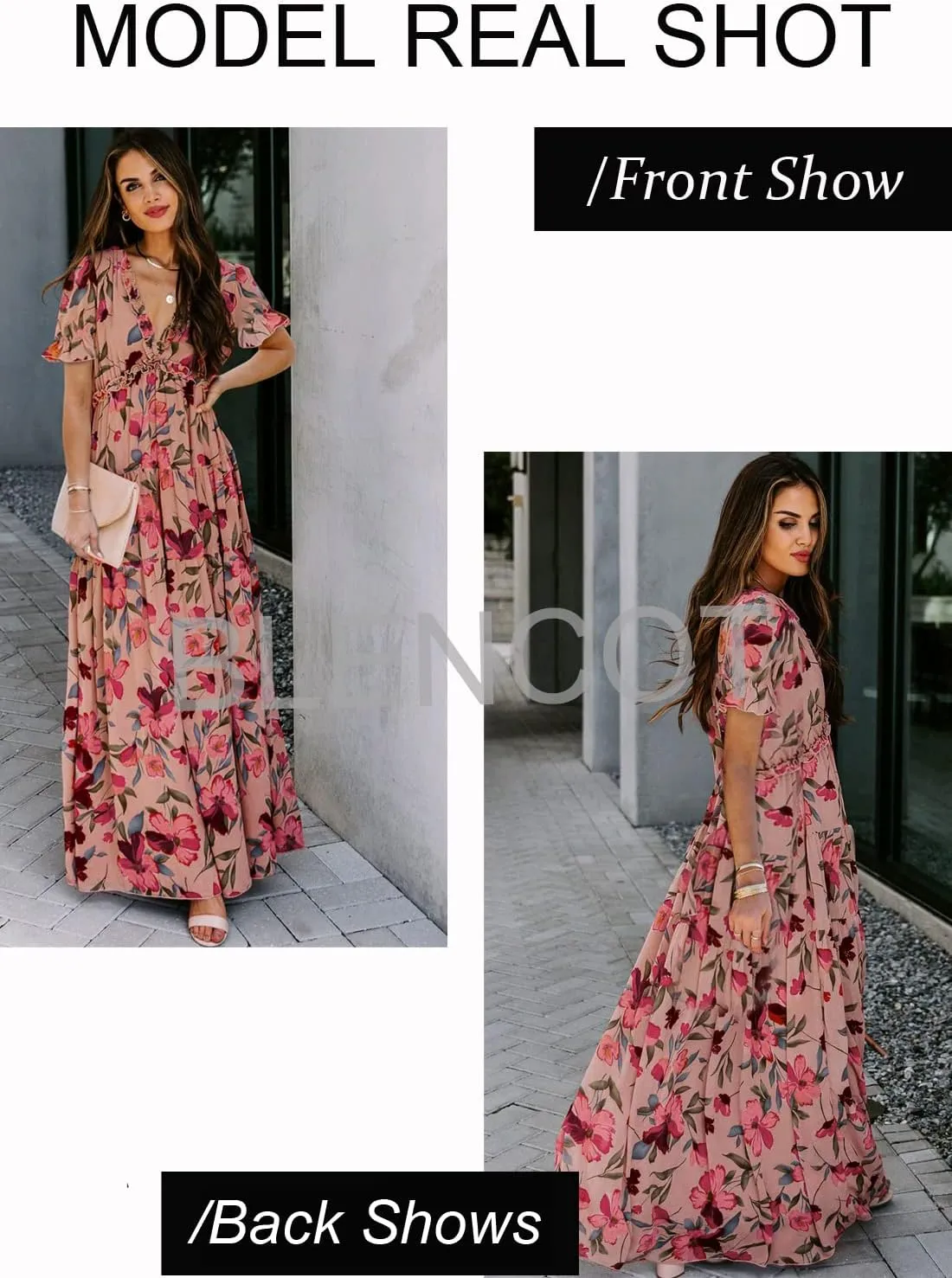 BLENCOT Womens Casual Boho Floral Printed V Neck Short Sleeve Long Evening Dress Ruched Cocktail Party Maxi Wedding Dress