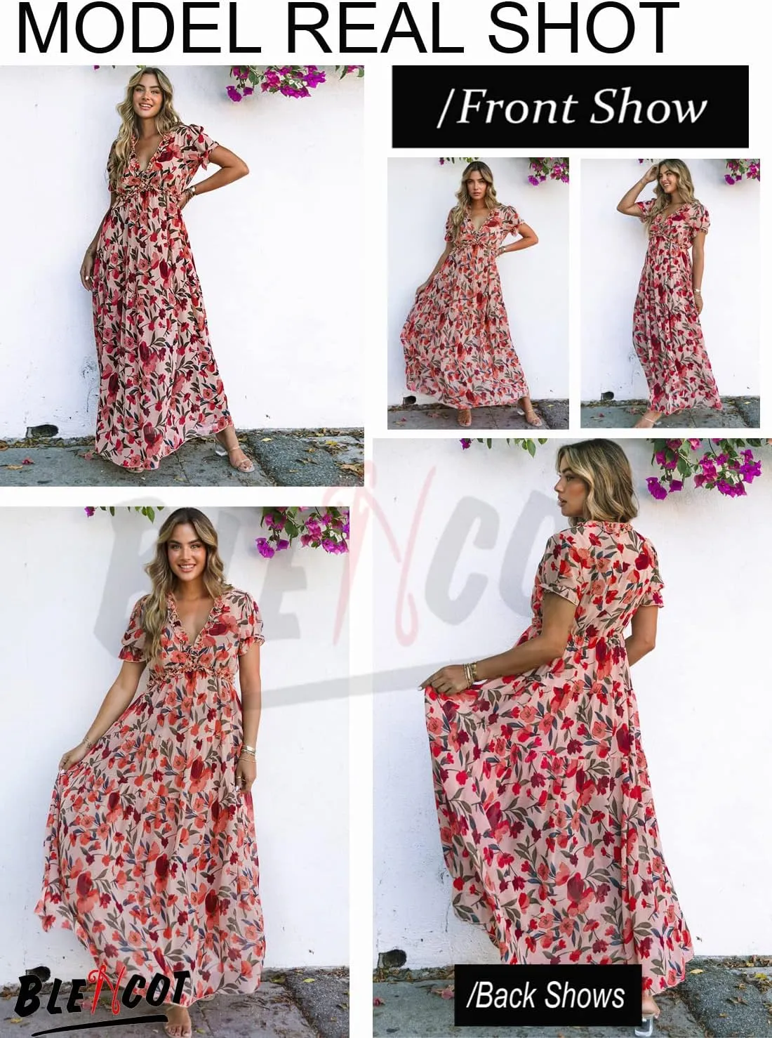 BLENCOT Womens Casual Boho Floral Printed V Neck Short Sleeve Long Evening Dress Ruched Cocktail Party Maxi Wedding Dress