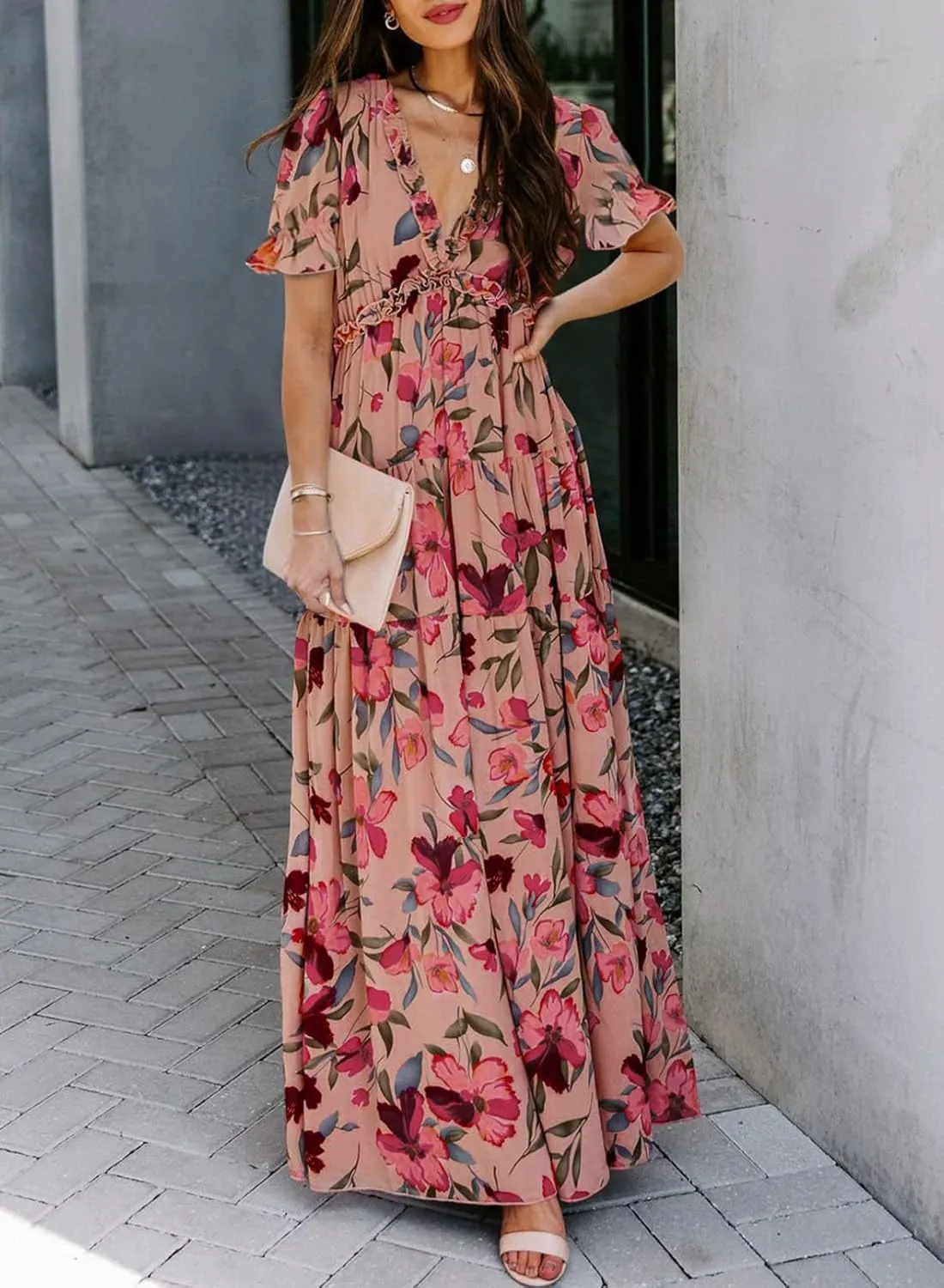 BLENCOT Womens Casual Boho Floral Printed V Neck Short Sleeve Long Evening Dress Ruched Cocktail Party Maxi Wedding Dress
