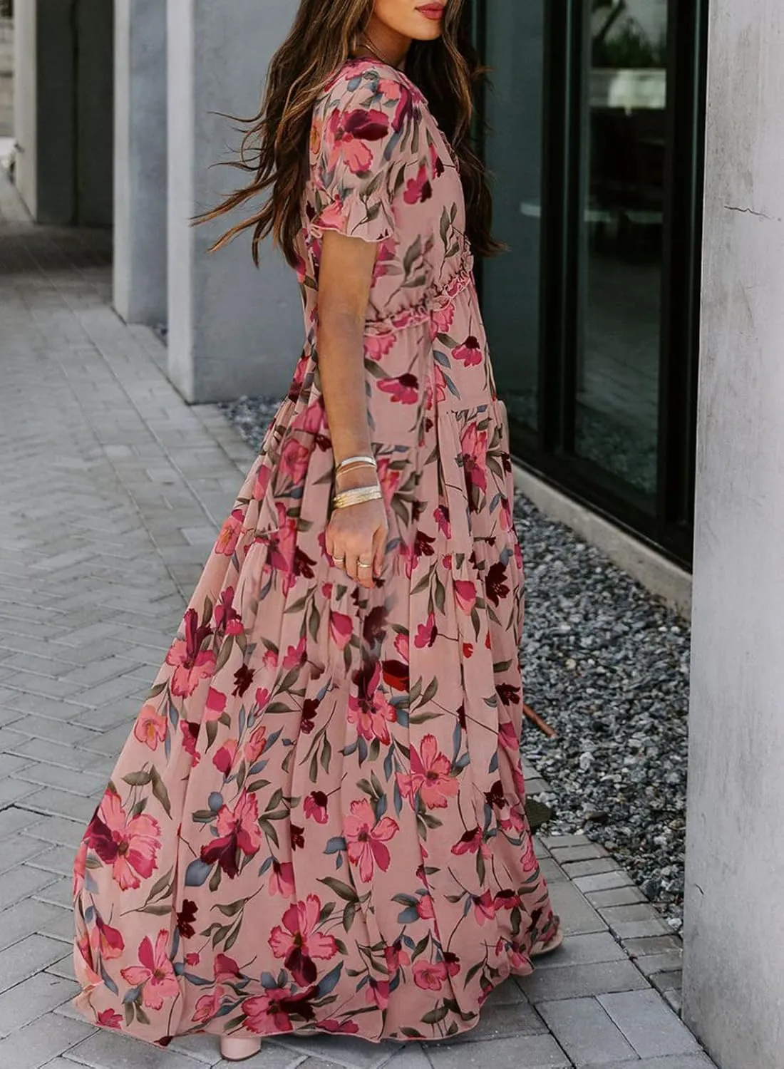BLENCOT Womens Casual Boho Floral Printed V Neck Short Sleeve Long Evening Dress Ruched Cocktail Party Maxi Wedding Dress