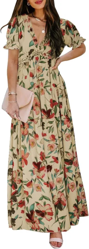 BLENCOT Womens Casual Boho Floral Printed V Neck Short Sleeve Long Evening Dress Ruched Cocktail Party Maxi Wedding Dress