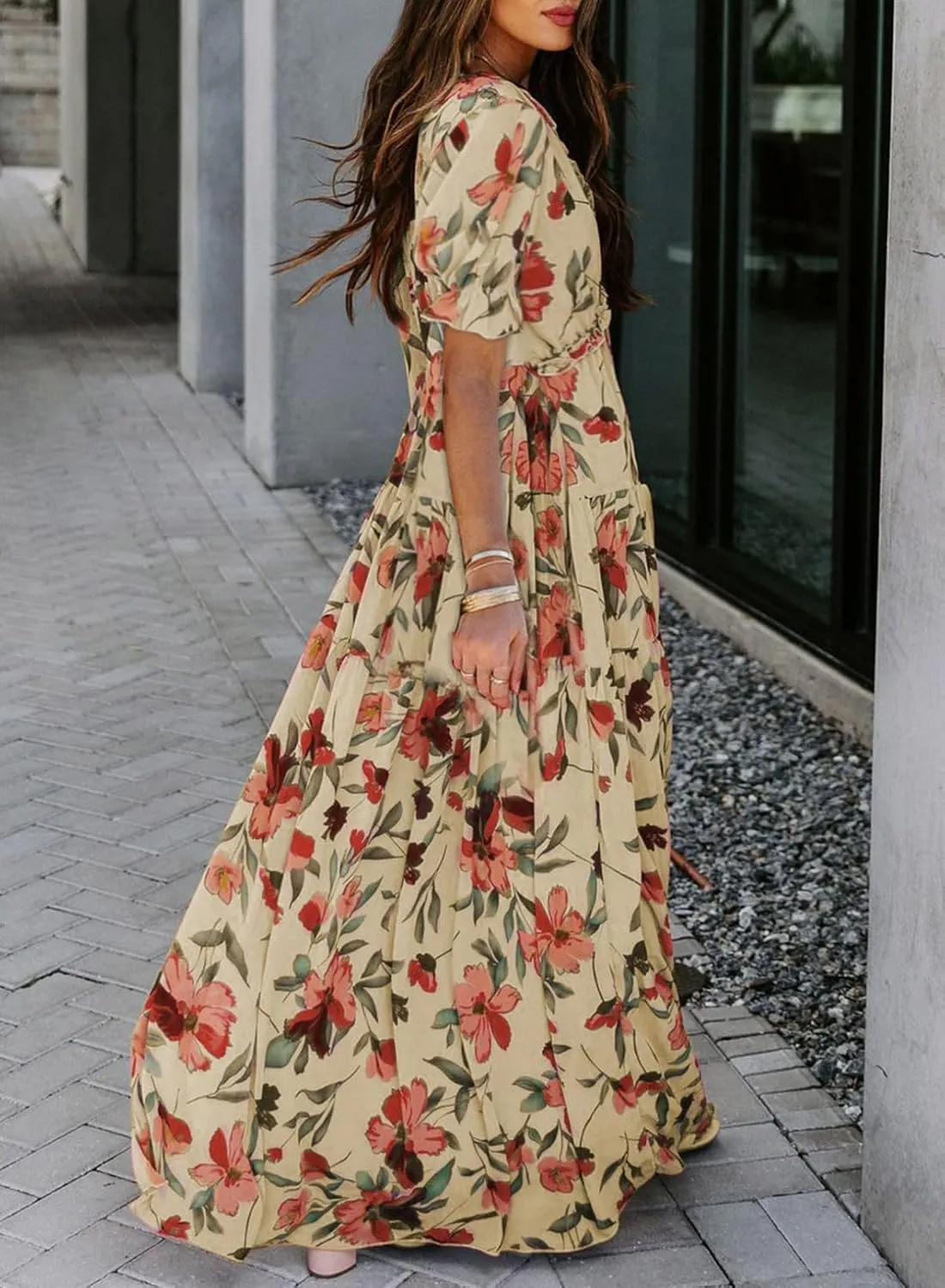 BLENCOT Womens Casual Boho Floral Printed V Neck Short Sleeve Long Evening Dress Ruched Cocktail Party Maxi Wedding Dress